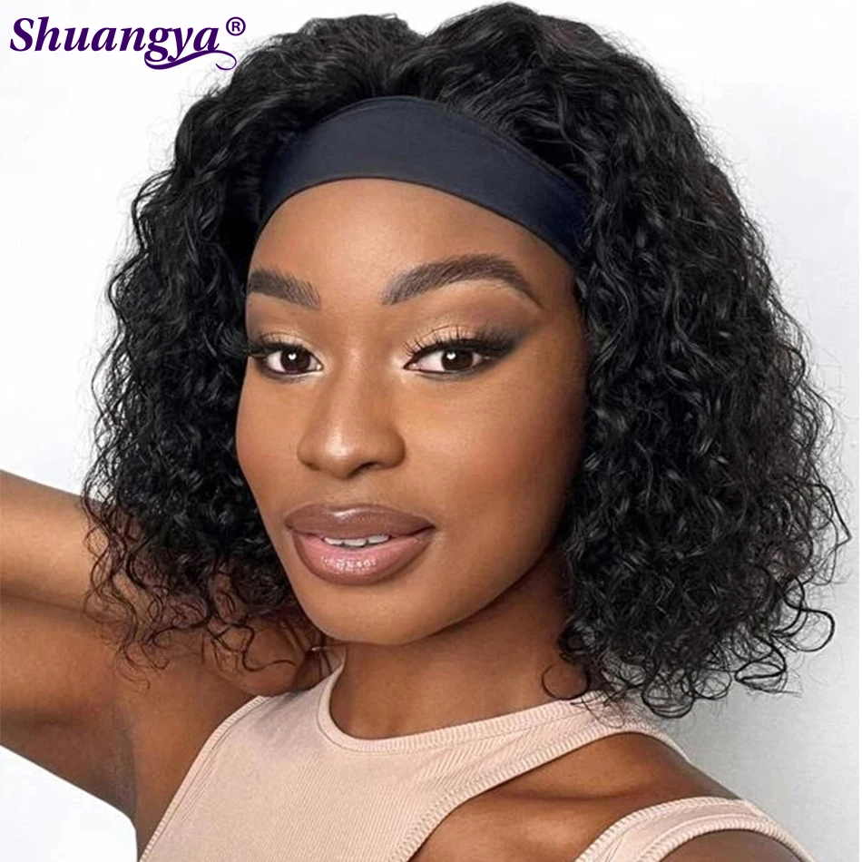 

Волнистый парик с головной повязкой, кудрявый Плетеный шарф, парики для женщин, 100% человеческие волосы, 200 плотность, кудрявый парик, короткий кудрявый парик с головной повязкой s