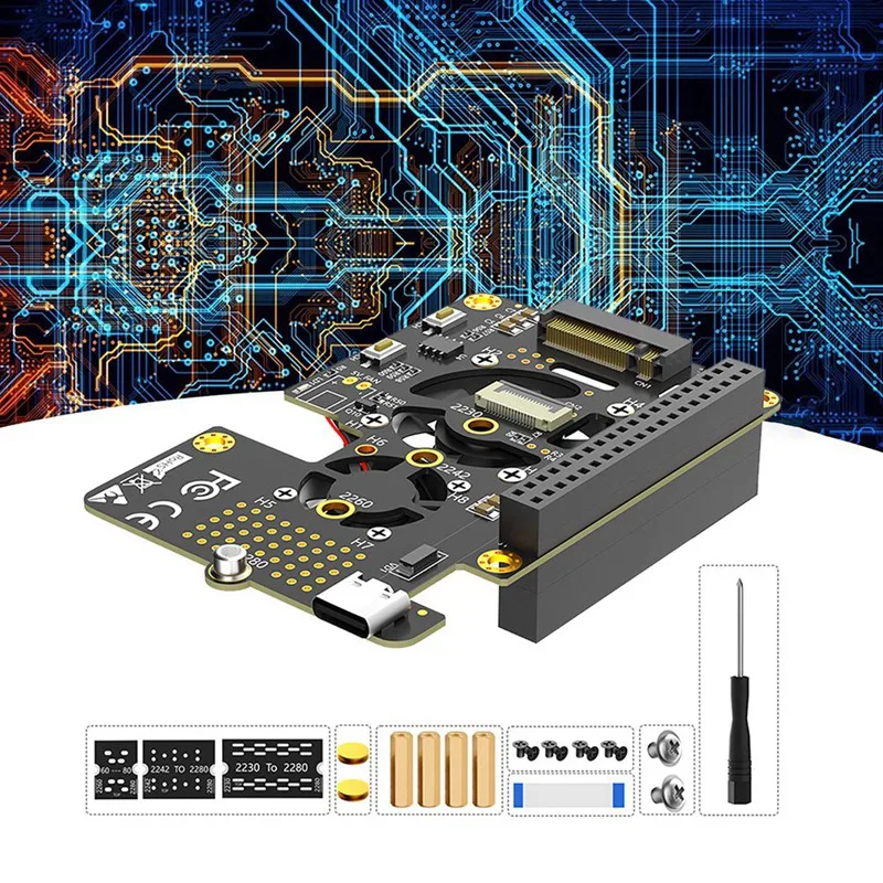 Для Raspberry Pi 5 Pcie To M.2 Nvme SSD HAT 3в1 с двойным вентилятором Gen2 Gen3 для 2230 2242 2260 2280 M-Key