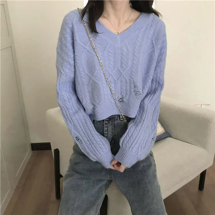 Рваный свитер больших размеров женская свободная верхняя одежда осенне-зимний