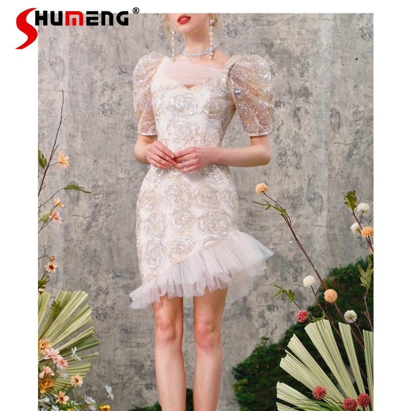 

French Style High Sense Niche Sequin Gauze Embroidered Flower Tuxedo Dress Irregular Temperament Waist-Controlled Midi Dress