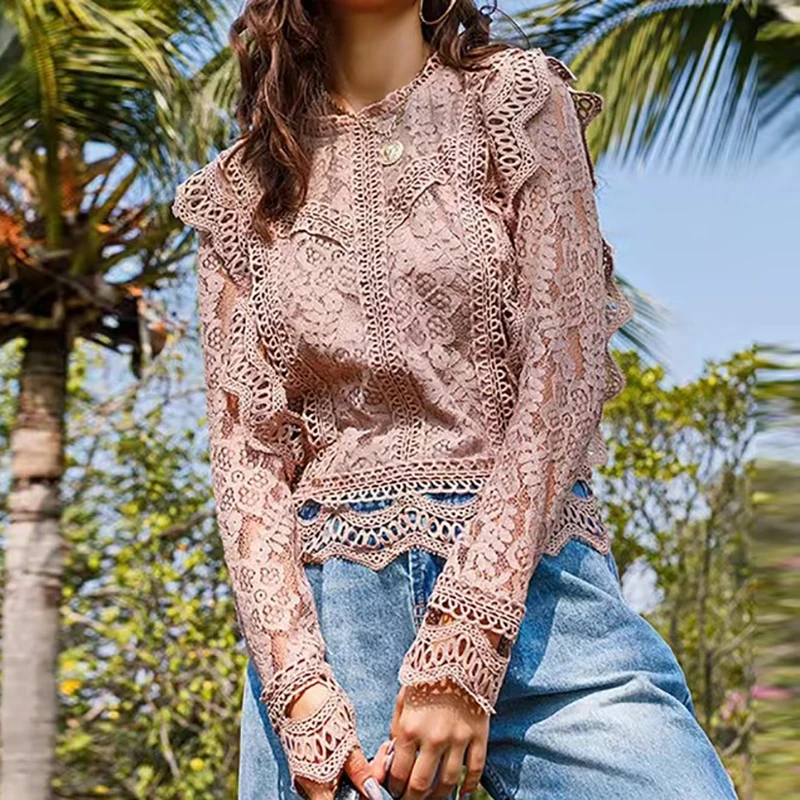 Новые ажурные рубашки с кружевной вышивкой элегантные женские однотонные