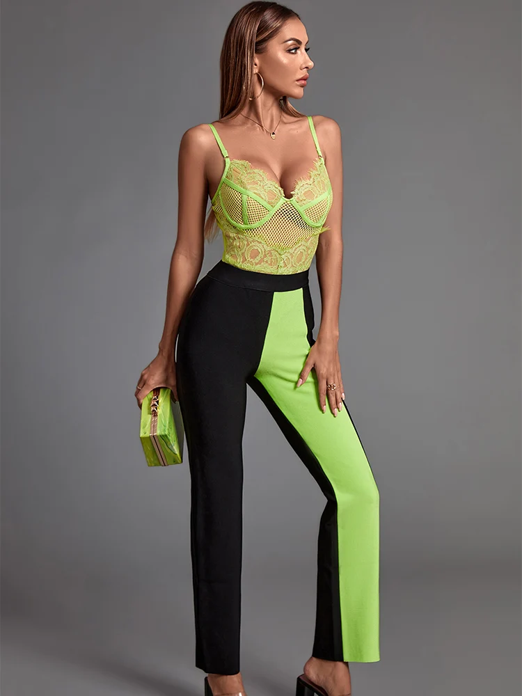 

Two Piece Set Bodysuit and Pants 2022 New Women's Green 2 Pece Set Elegant Sexy Lace Evening Club Party Set Summer Outfiits