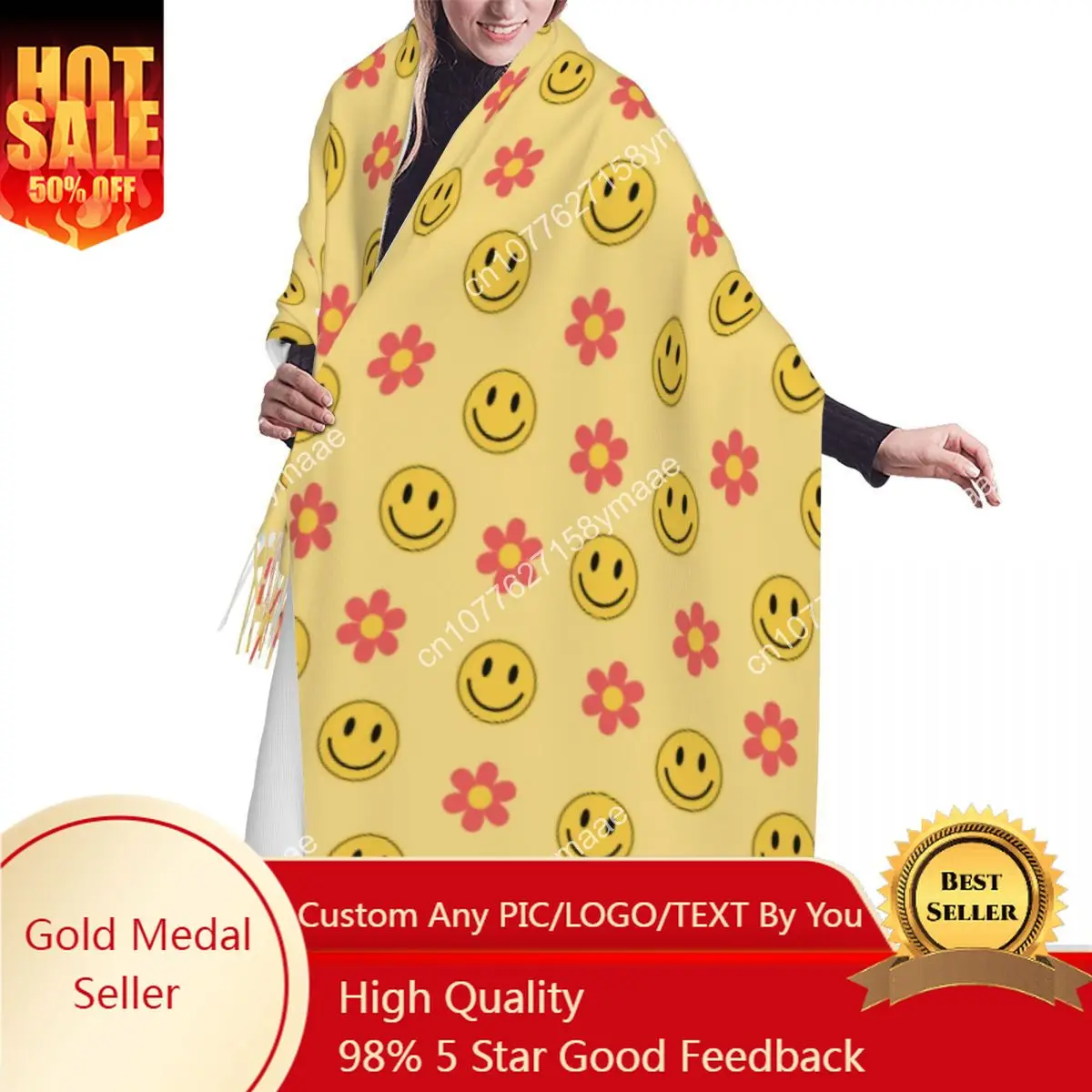 

Yellow Girly Y2k Retro Pattern With Smile Emoticons And Hearts Scarf Women Men Winter Fall Warm Scarves Versatile Shawls Wraps