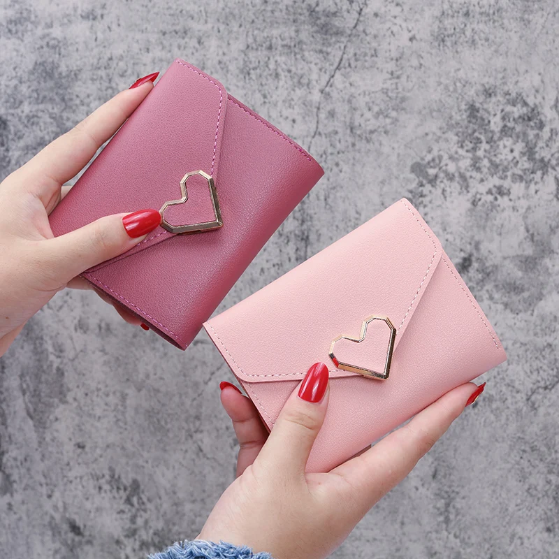 

2022 Short Women Wallets Free Name Customized Card Holder Photo Holder Heart Decoration Girl Wallet Name Engraving Female Purse