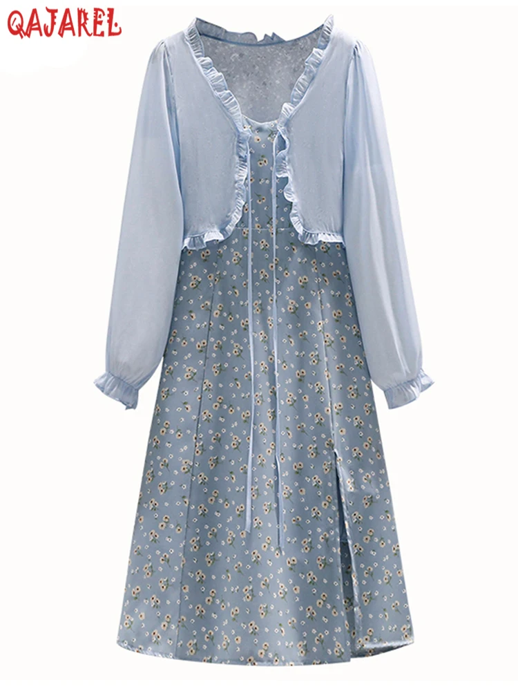 

Women Blue Fashion Light Chiffon Two Piece Sets 2022 Sprint Autumn Solid Long Sleeve Ruched Blouses+Floral Sexy Sling Dress Sets