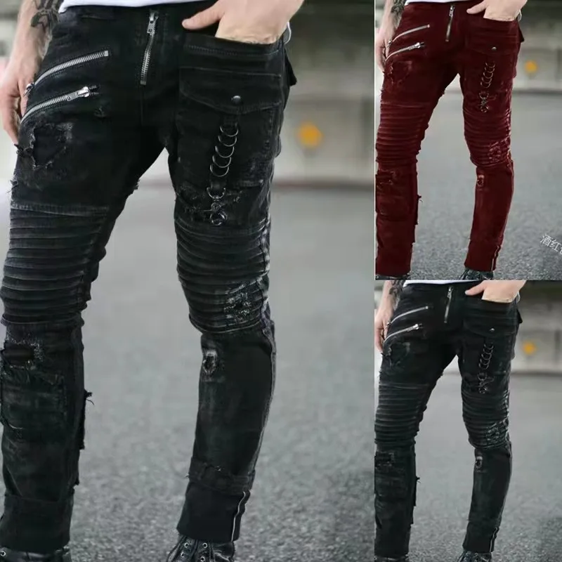Streetwear Mens Straight Jeans Men Side Straps and Zips Biker Casual Slim Fit Black Goth Trousers Men Punk Skinny Denim Pants