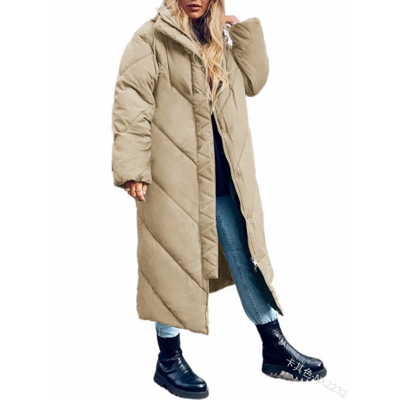 Winter Parkas Coat Women's Solid Color Loose Cardigan Large Coat Women Casual Long Sleeve Zipper Hooded Stand Collar Parkas Coat
