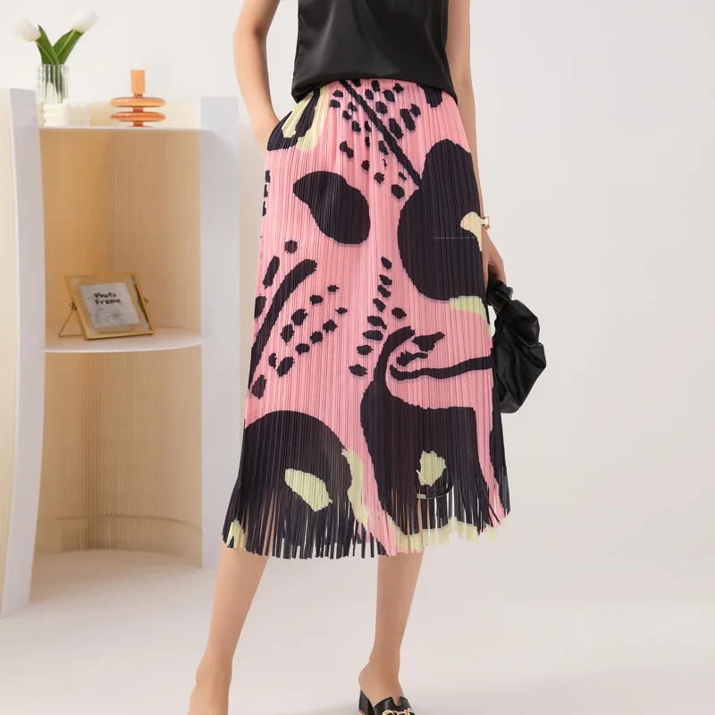 

Miyake pleated skirt women's summer print fashion temperament niche design sense tassel commuter A-line skirt