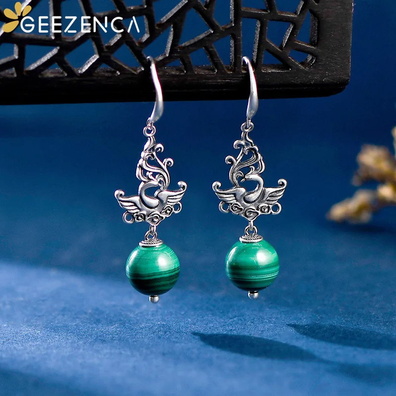

GEEZENCA Natural Malachite 925 Sterling Silver Drop Earrings For Women Ethnic Trendy Phoenix Dangle Earring 2023 Favourite Gift