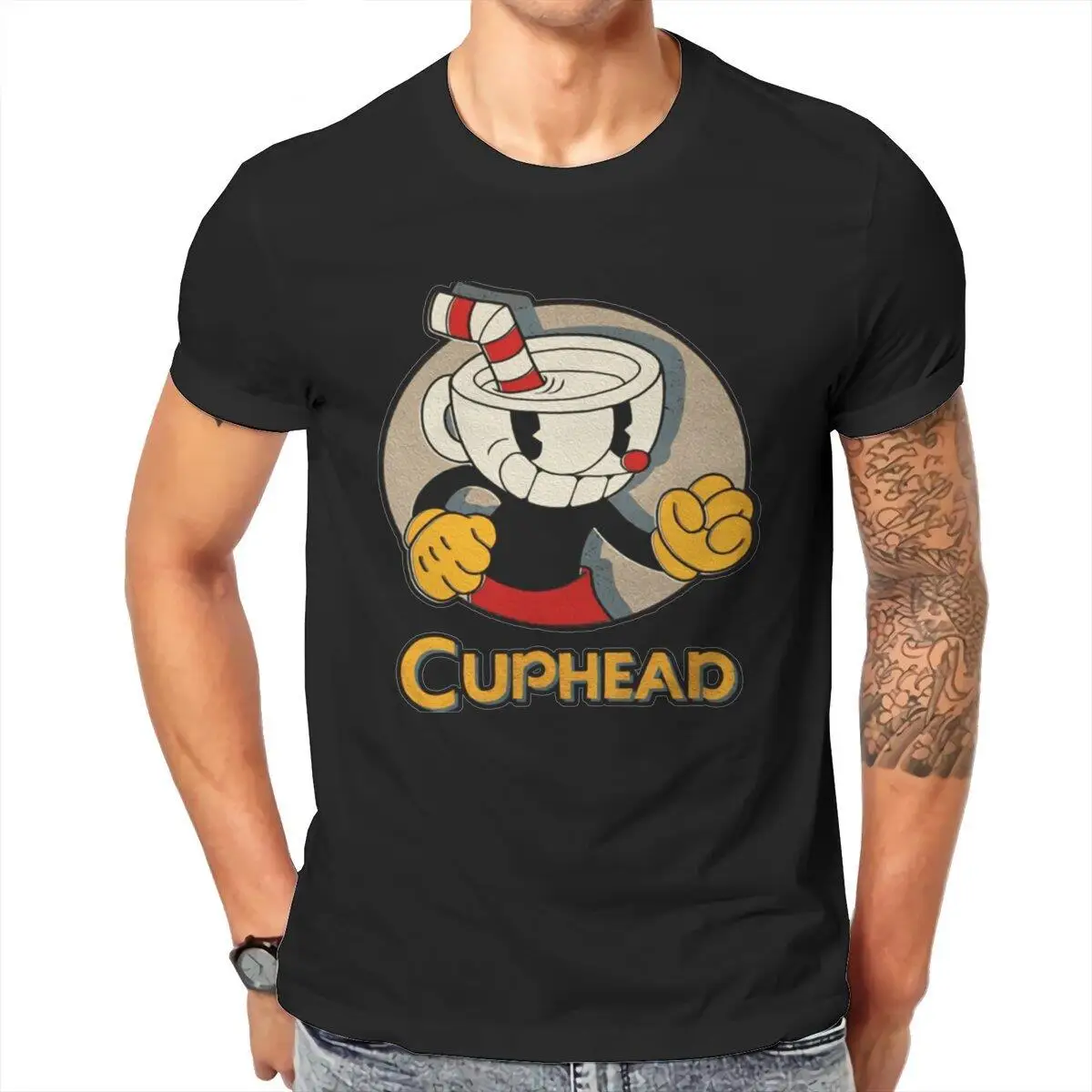 Cuphead Mugman  Men's T Shirts  Vintage Tees Short Sleeve Round Collar T-Shirts Cotton Plus Size Tops