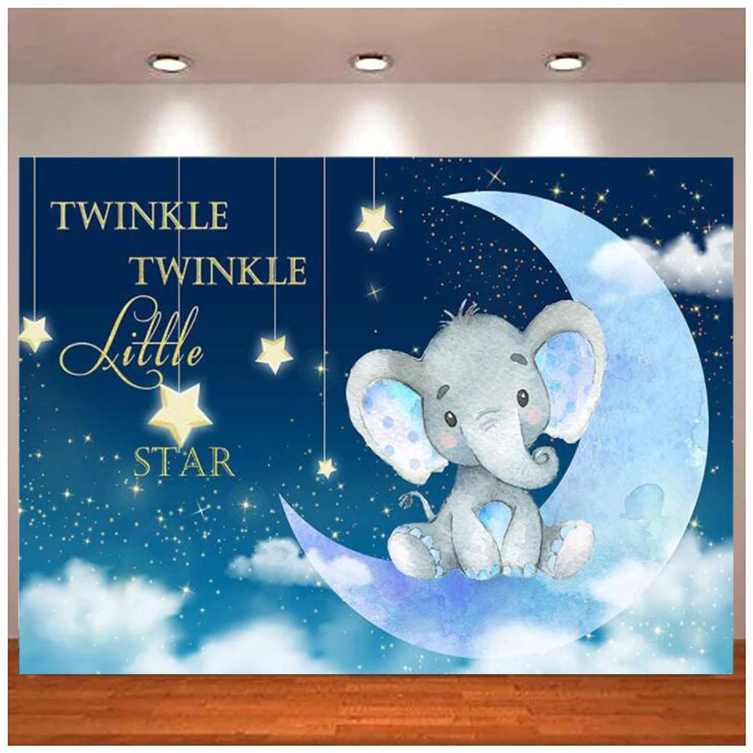 

Twinkle Little Star Elephant Photography Backdrop Watercolor Blue Moon Background For Boy Baby Shower Birthday Party Decoration