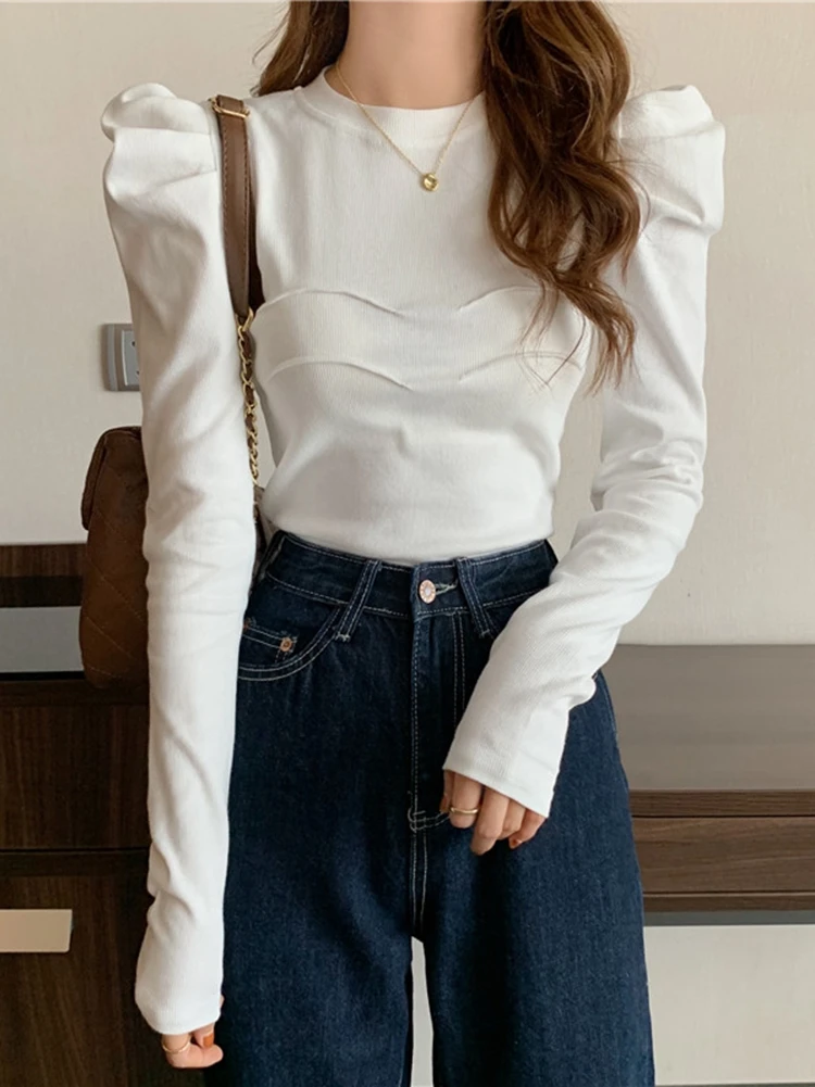 

White Bubble Sleeve T-Shirt Top long sleeve short style with bottoming shirt women's summer 2022 new design sense niche