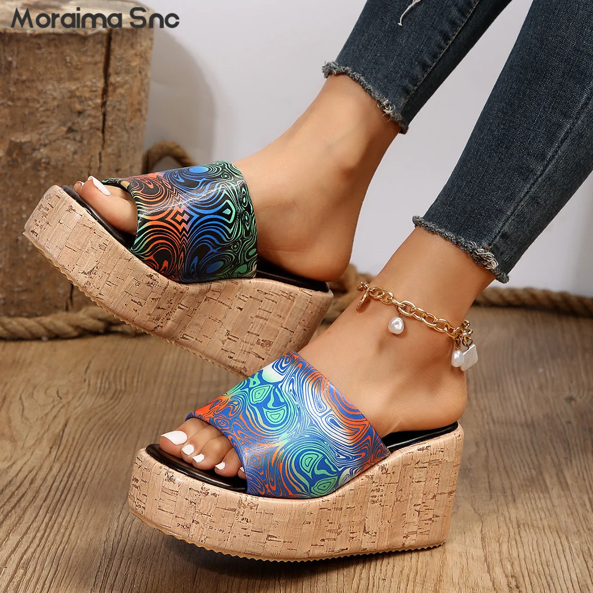 Blue and White Plaid Thick-Soled Slippers Round Toe Wedge Open Toe High-Heeled Sandals Leisure Beach Vacation Women's Shoes