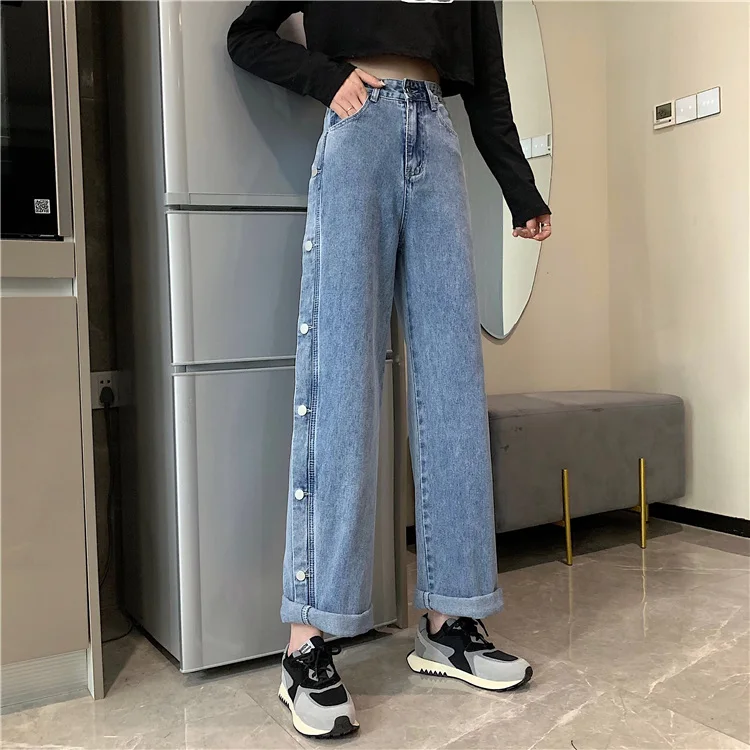 

6248 2022 New high-waisted slim design side-breasted wide-leg jeans