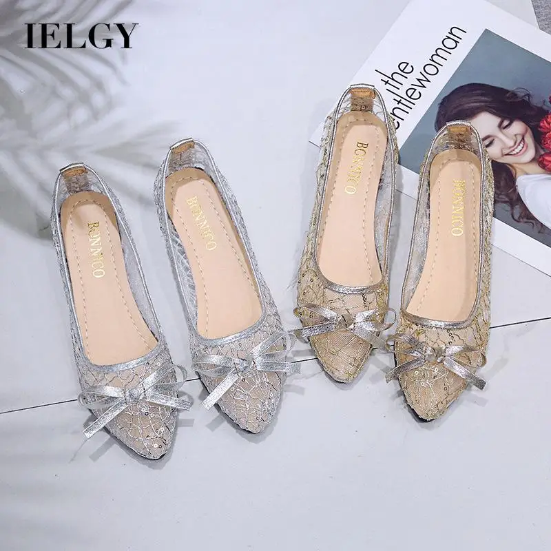 

IELGY women's mesh shoes low heel hollow pointed bow shallow mouth