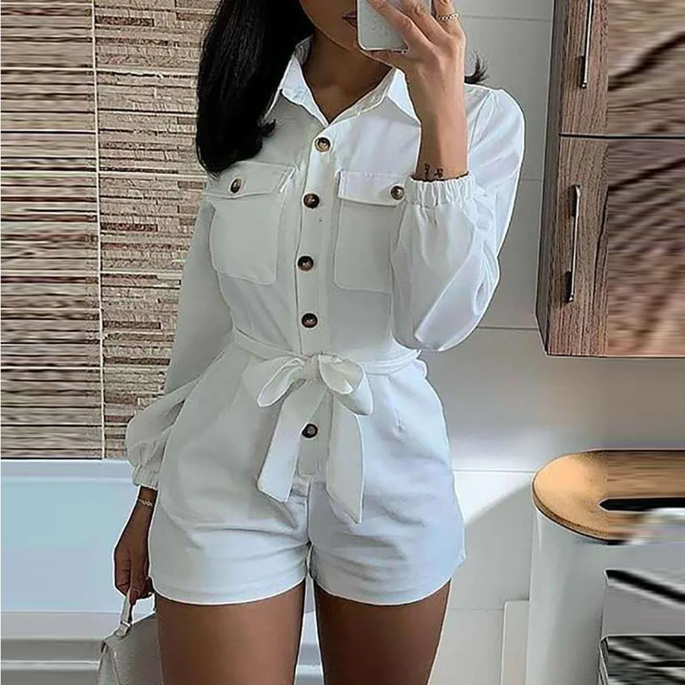 

Casual Women Cargo Jumpsuit Solid Color Turn Down Collor Streetwear Sporty Short Romper Women Jumpsuit Overalls
