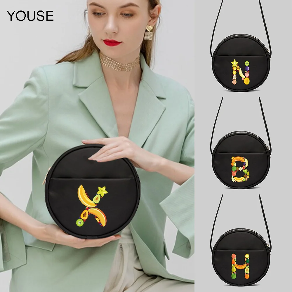 

YOUSE Round bag sweet style female black canvas bag fruit letter pattern printing ladies messenger bag shoulder bag
