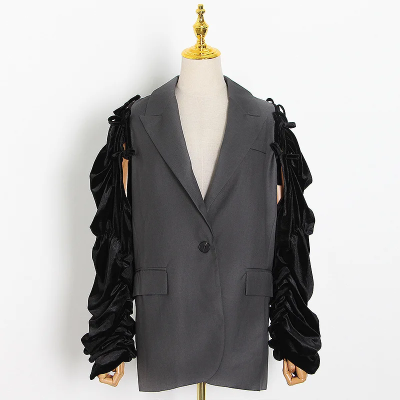 

Женский костюм с карманами, модный костюм серого и черного цвета со съемным рукавом, осень 2022