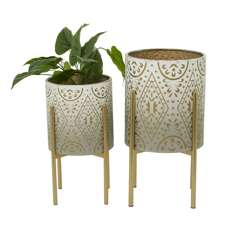 

23", 19"H Indoor Outdoor Cream Metal Planter with Removable Stand (2 Count) Flower Pot Base Display Stand Home Garden Patio