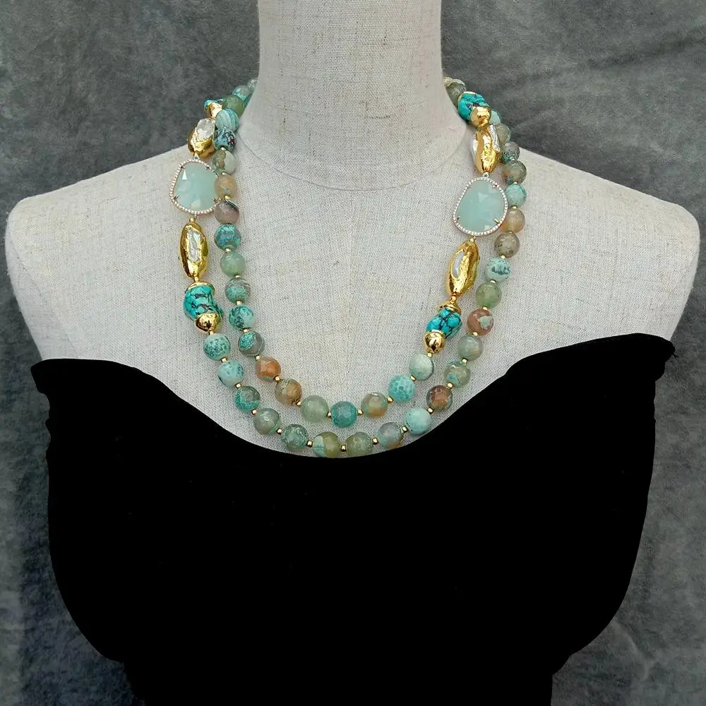 

Y.YING 2 Rows Green Agate Blue Turquoise Crystal White Biwa Pearl Necklace Women Jewelry