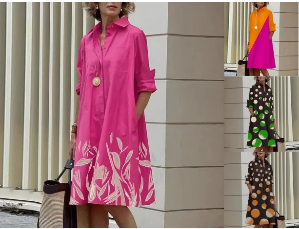 

Женское платье-рубашка с длинным рукавом, свободное платье с принтом в богемном стиле с V-образным вырезом и карманами, 2023