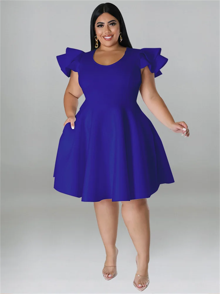 Plus Size Dresses for Women Elegant Party Solid Ruffles Sleeve Big Hem Midi Dress Hot Sale New Wholesa 3xl 4xl 5xl 6xl