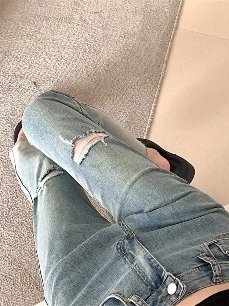 Fashion Gradient Color Ripped Cropped Jeans for Women 2023 Summer Retro High Waist Slimming and Straight Pants Female Student