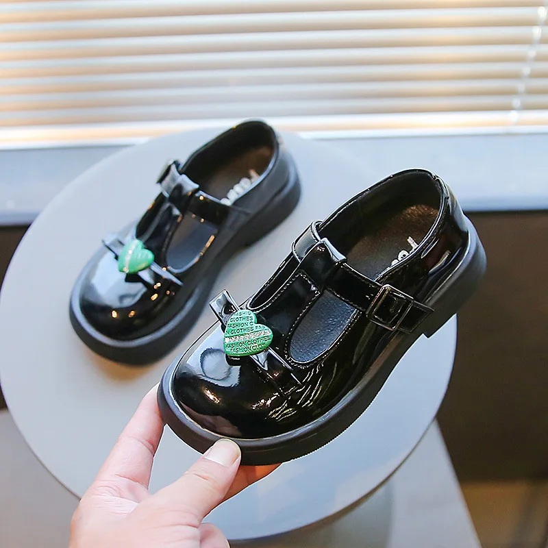 

2023 Spring New European and American T-strap Round Toe Platform Shoes for Girls Child Fashion Casual Simple Leather Shoes Bow