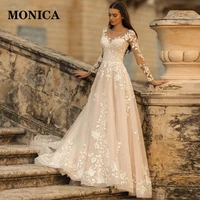 monica classic wedding dress appliqued a line scoop backless tulle long sleeve elegant beachy bridal dress bestidos de novia