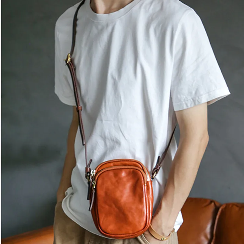 Simple casual high quality natural genuine leather men's mobile phone bag fashion light real cowhide shoulder crossbody bag