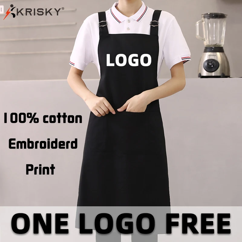 KRISKY Personalized Custom Logo Unisex Adults Cotton Apron Print Embroidery Nail Household Cleaning Salon Home Cooking Baking