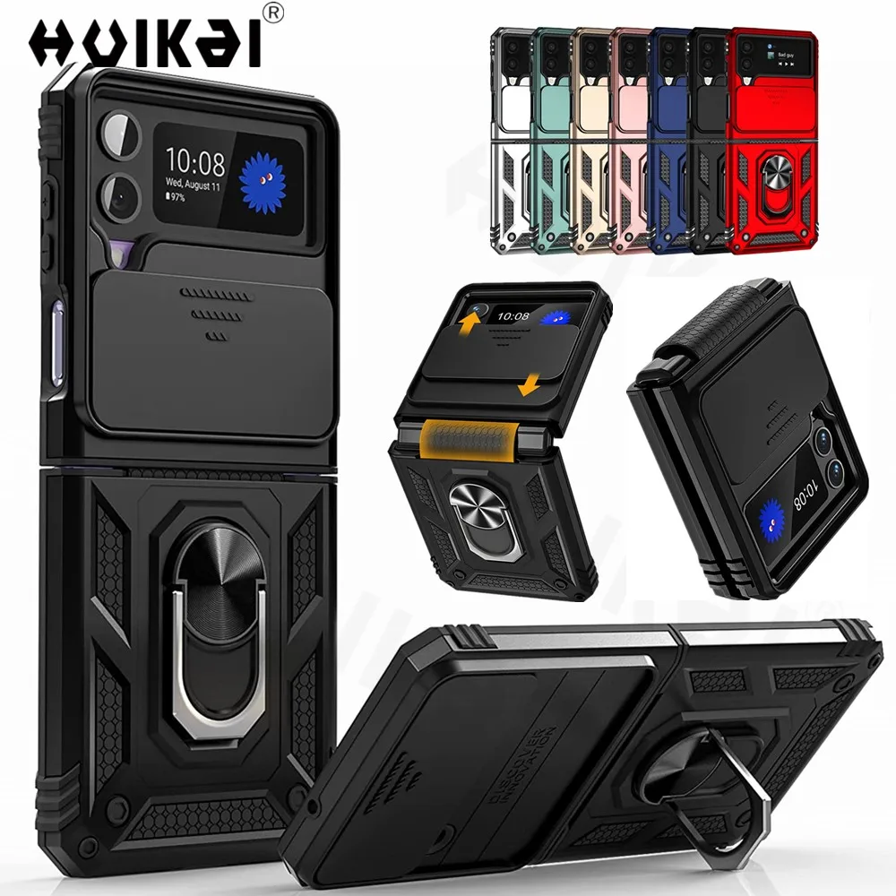 

Slide Camera Lens Cover For Samsung Galaxy Z Flip 4 2022 Case Hinge Protection Magnetic Kickstand Military Shockproof Protective