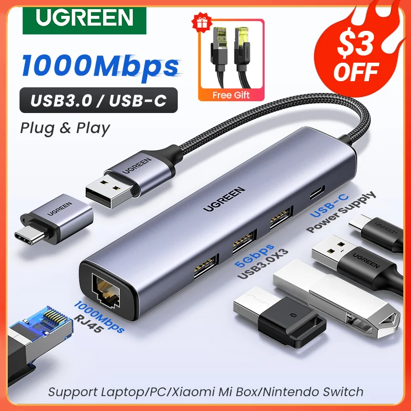 Ugreen Usb Ethernet Adapter 1000/100Mbps Usb3.0 Hub Rj45 Lan Per Pc Portatile Xiaomi Mi Box Macbook Windows Usb-C Hub Scheda Di Rete