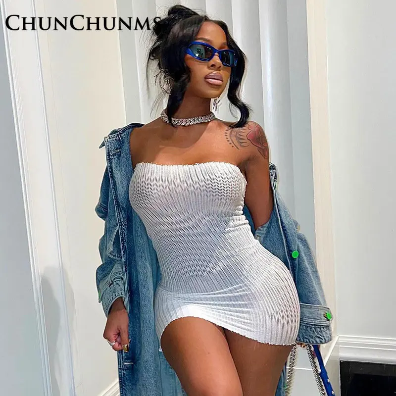 

Mesh Sexy Strapless Collarless Dress For Women White Club Night Mini Dresses High Waist Backless Vestido Feminino Party Robe