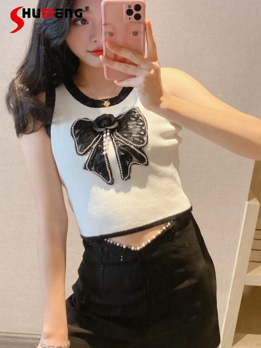 

Bowknot Flower Contrast Color Inner Wear Vest Summer Ice Silk Slim Fit Short Sleeveless T-shirt Women's Outer Wear Tank Tops