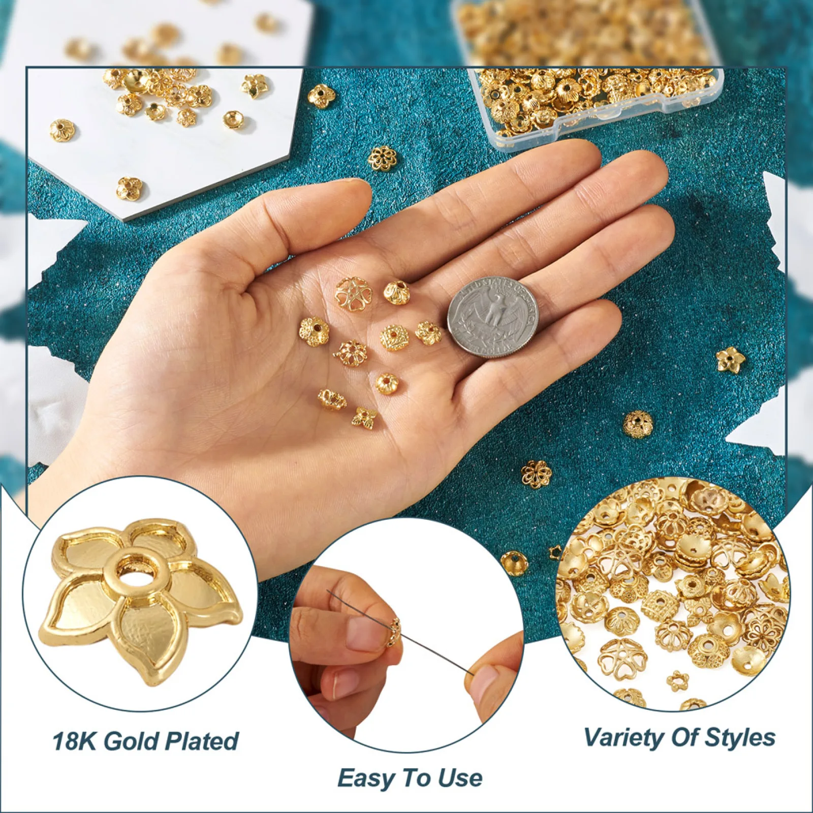 200Pcs Gold Color Alloy Flower Bead Caps Filigree Loose Spacer Caps Jewelry Beads for Earrings Bracelet Making Diy Accessories