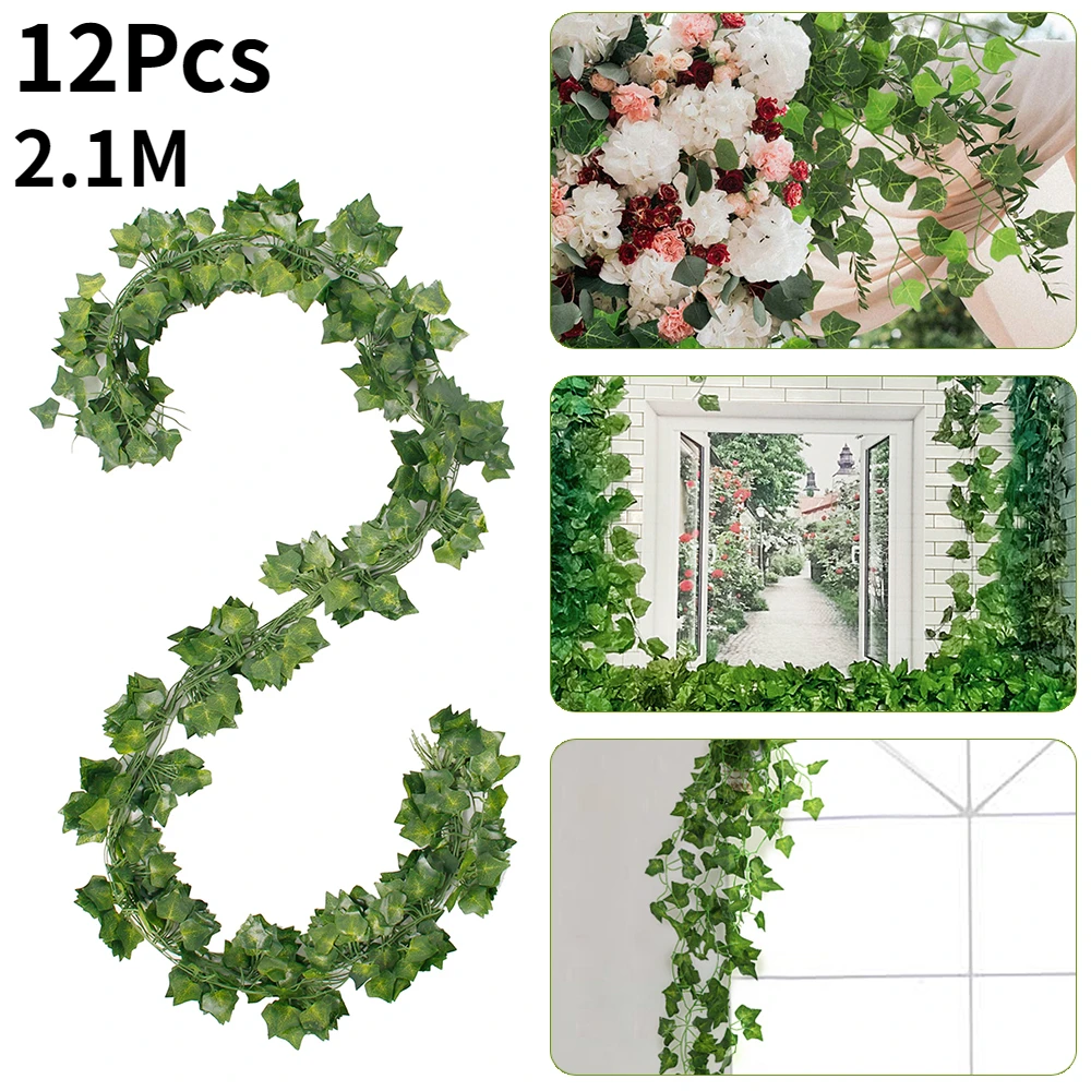 

12Pcs 2.1M Artificial Ivy Leaf Plants Green Leaves Vine Fake Foliage Home Decor Plastic Rattan Evergreen Party Wedding Jungle