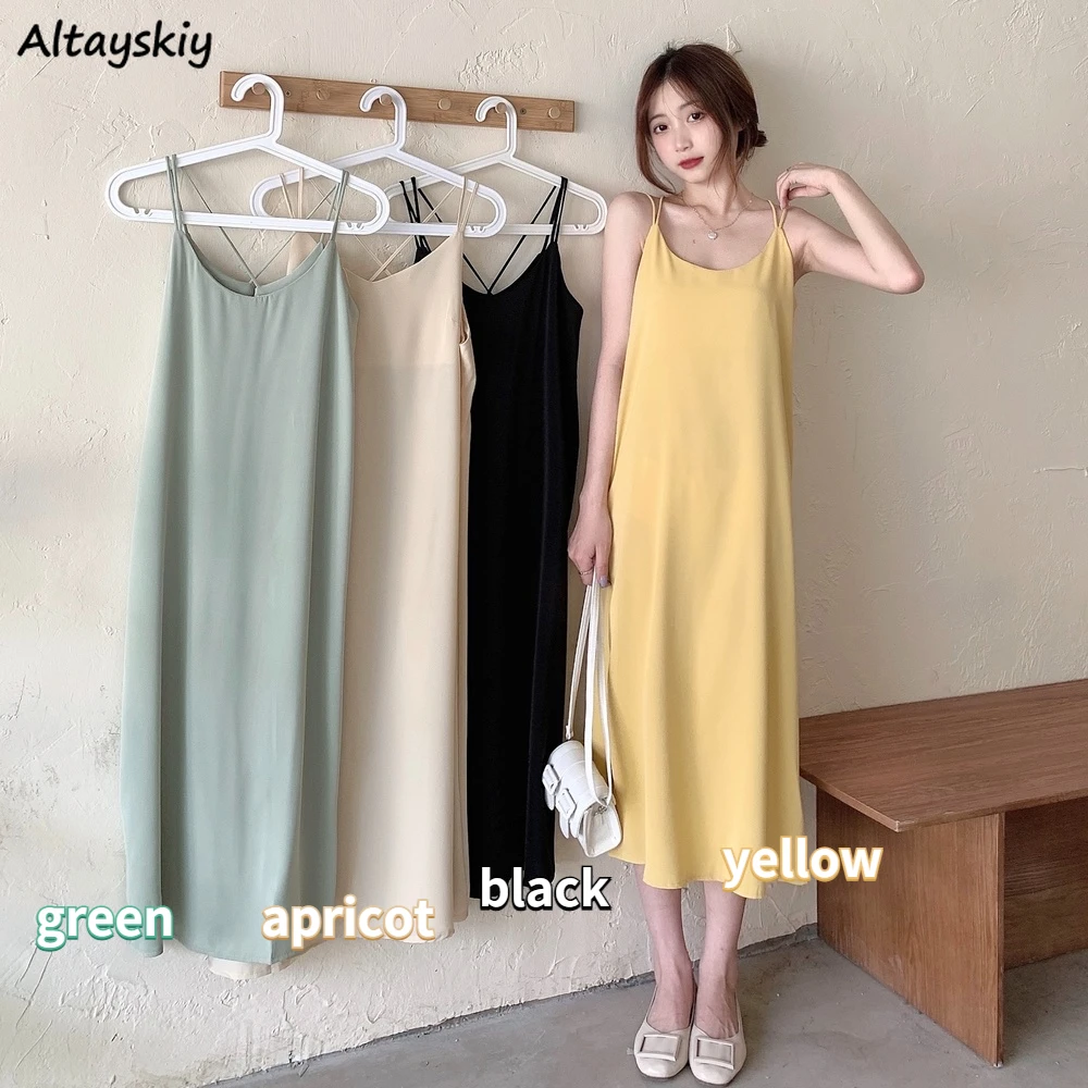 

Sleeveless Dress Women Chiffon Split Temper Vacation Seaside Summer BF Gentle Medium-long Simple Beach Backless Spaghetti Strap
