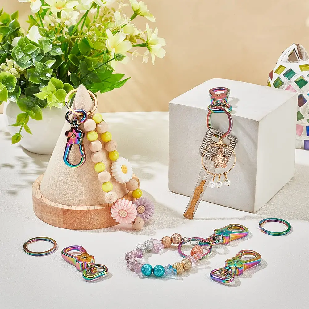 5Pcs/set Rainbow Swivel Clasps Set Alloy Trigger Snap Hooks Flower Lanyard Keychain Hook With Round Split Key Rings Keychain Bag