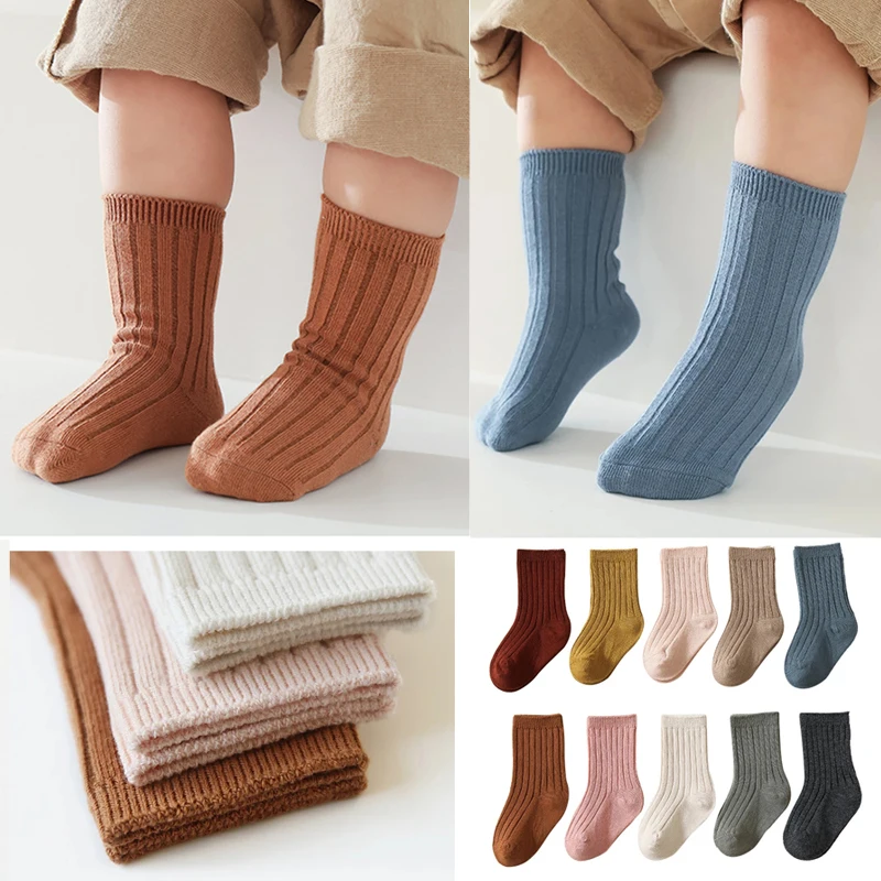 Baby Socks Autumn Winter 10 Color Solid Cotton Newborn Baby Knitted Warm Children's Striped Socks Infant Girl Ribbed Sock 0-8Y