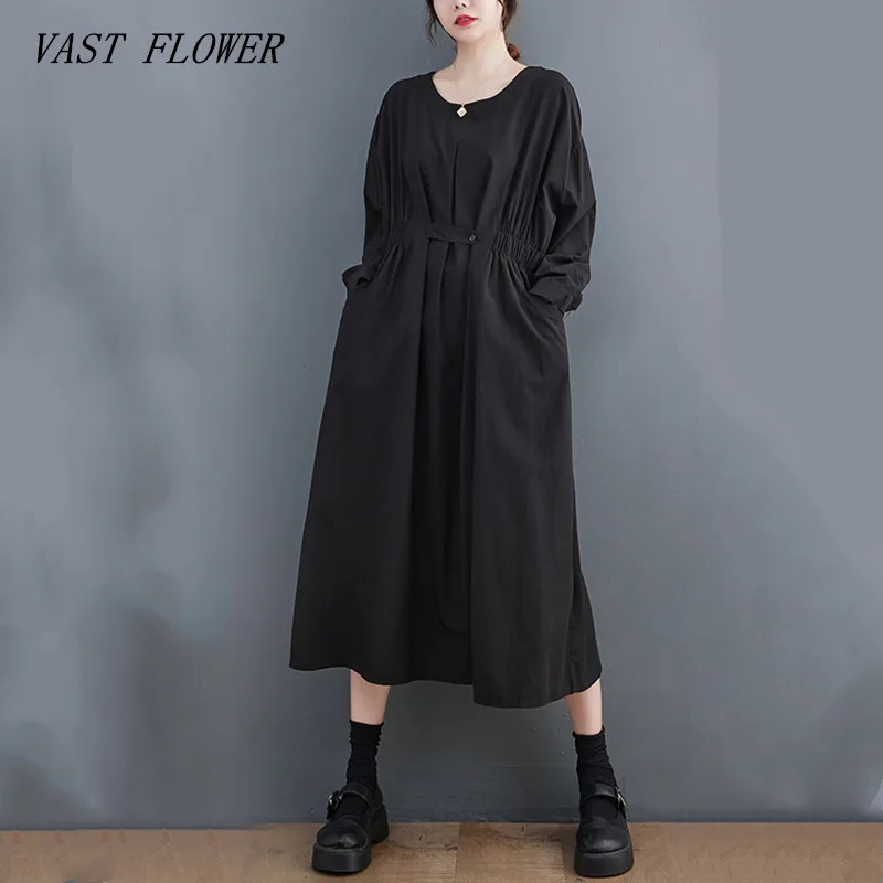 

Женское винтажное Хлопковое платье с длинным рукавом, черное свободное платье в стиле оверсайз, элегантная одежда на весну и осень, 2023