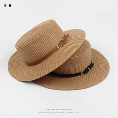 

Весенне-летняя Корейская соломенная стандартная Европейская и американская шляпа с бантом и плоским верхом Солнцезащитная пляжная шляпа ж...