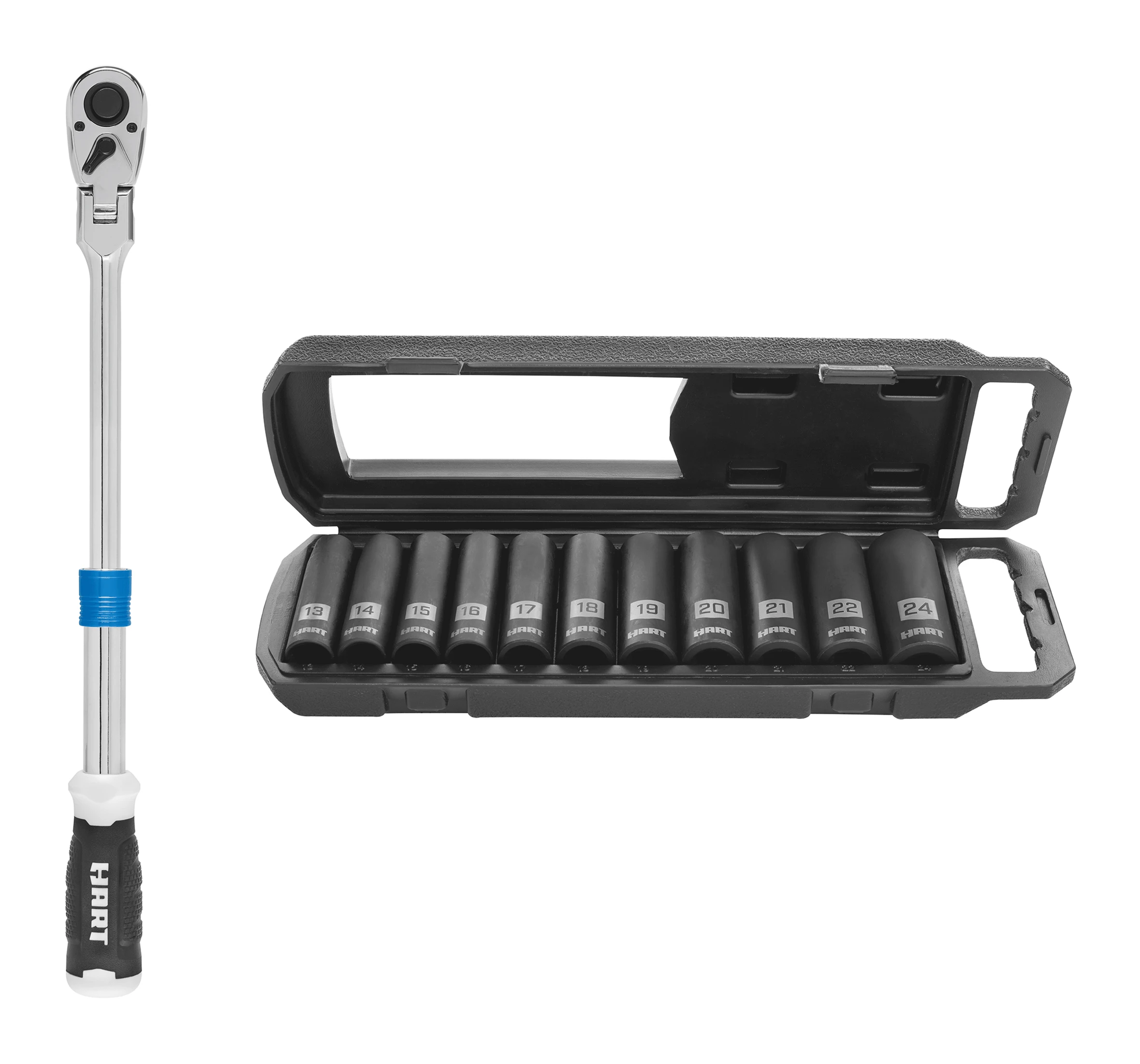 

1/2-inch Drive Extendable Ratchet with Flexible Head and 11-Piece 1/2-inch Drive MM Impact Socket Set, Chrome Vanadium