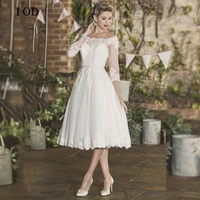 i od classic tea length wedding dress boat neck 34 sleeves bridal gowns elegant a line lace appliques vestido de noiva 2022