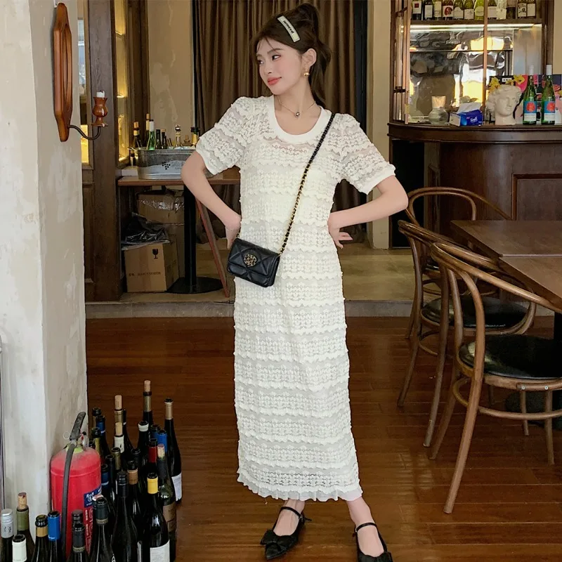 

Летнее Новое корейское платье, женское кружевное Длинное свободное платье с круглым вырезом