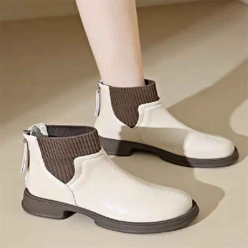 

Женские короткие вязаные ботинки на платформе, осенне-зимняя обувь на молнии сзади в британском стиле, мотоциклетная модная уличная одежда на высоком каблуке