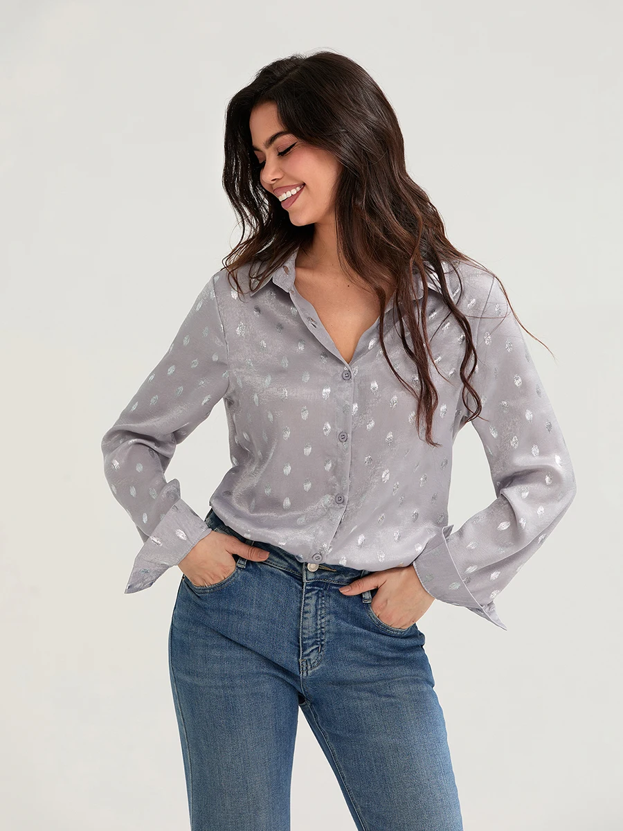 wsevypo Рубашки с принтом в горошек Женские рубашки длинным рукавом и лацканами на