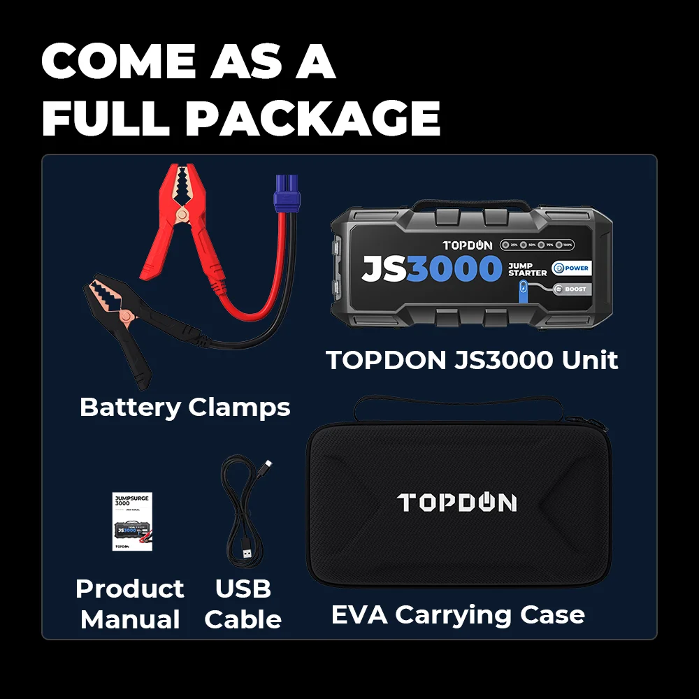 24000mAh Topdon 3000A Car Jump Starter JS3000 Auto Starting Device Power Bank Car Battery Starter Launcher for Car Booster images - 6