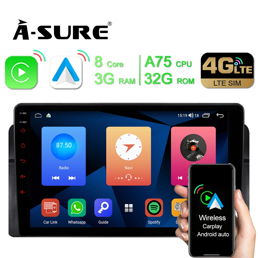 

Автомобильный радиоприемник A-Sure для Android 10 8-ядерный A75 4G-LTE SIM WIFI GPS-навигация для BMW 3 серии E46 318 320 325