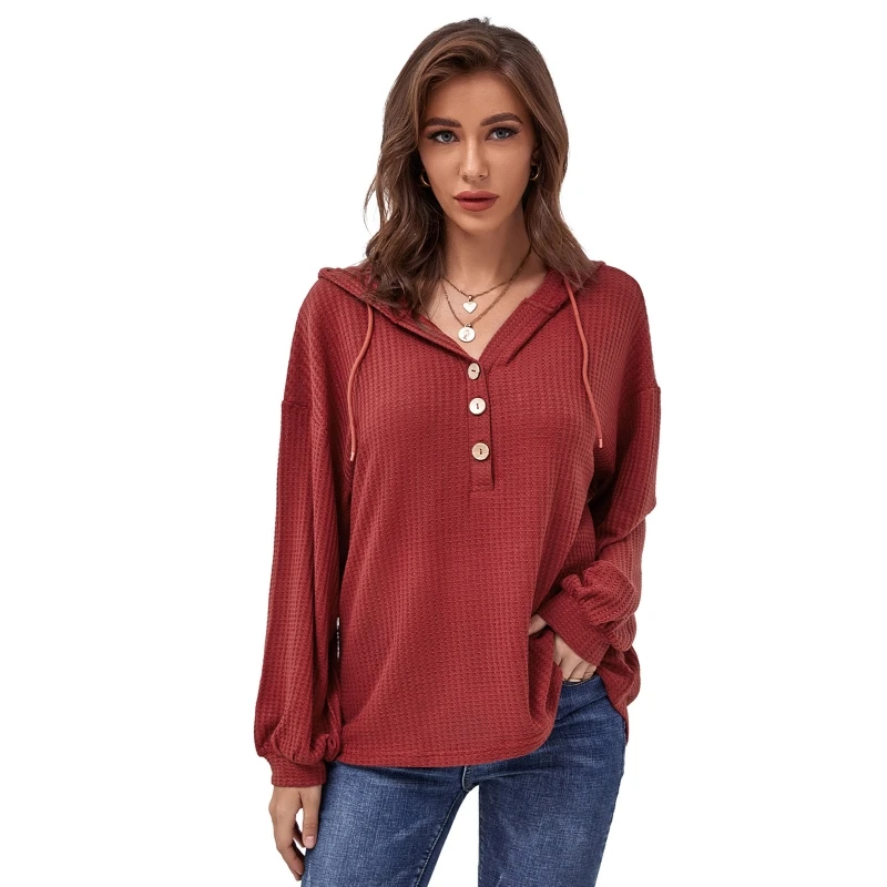 

Women Autumn Long Sleeve Drawstring Hoodies Waffle Knit Sweater V Neck Buttons Up Solid Color Sweatshirt Pullover Tops